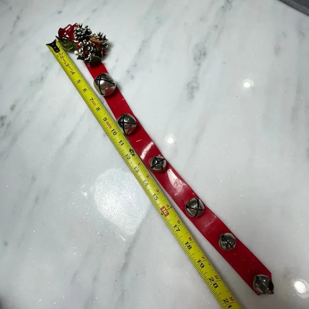 Vintage Sleigh Bell Door Hanger Red Vinyl Strap Jingle MCM Christmas Pinecones